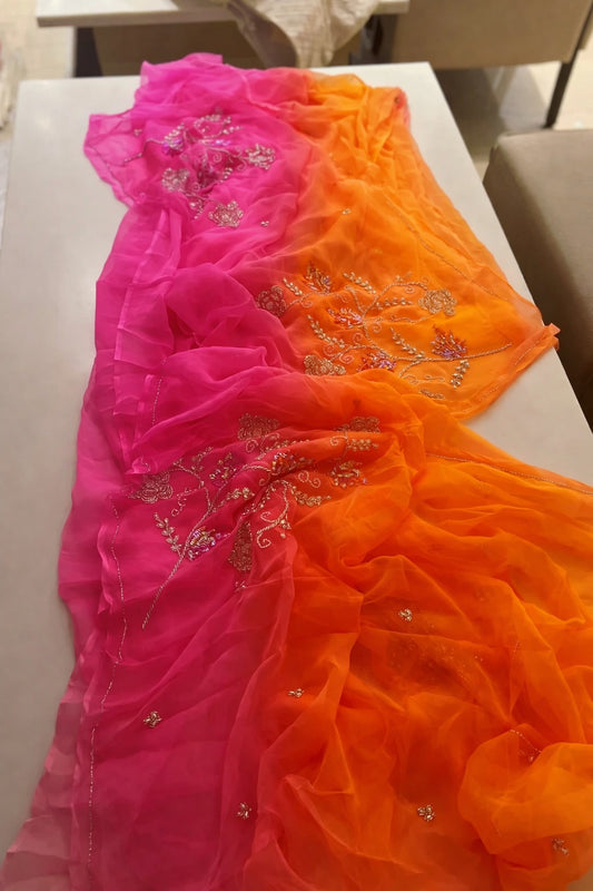 BEAUTIFUL HANDCRAFTED ZARI AND GOTA EMBROIDERY WORK DIAMOND CHIFFON SAREE.