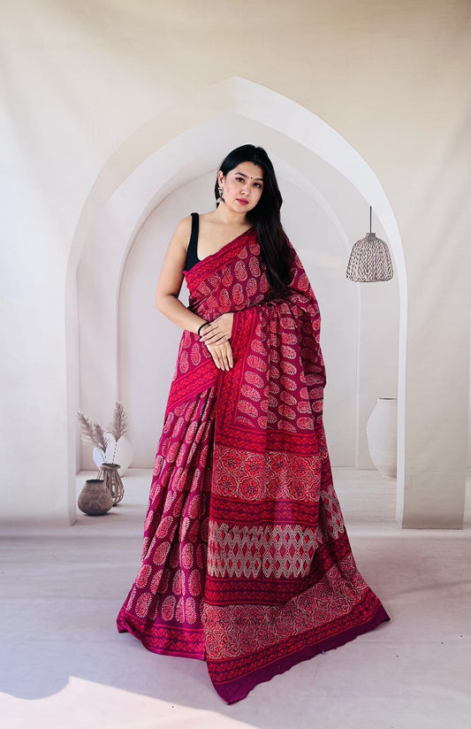 Pure Mulmul Cotton Hand Block Printed Saree With Running Blouse.