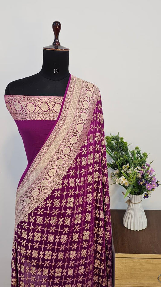 Pure Handloom Khaddi Georgette Saree Zari Work.