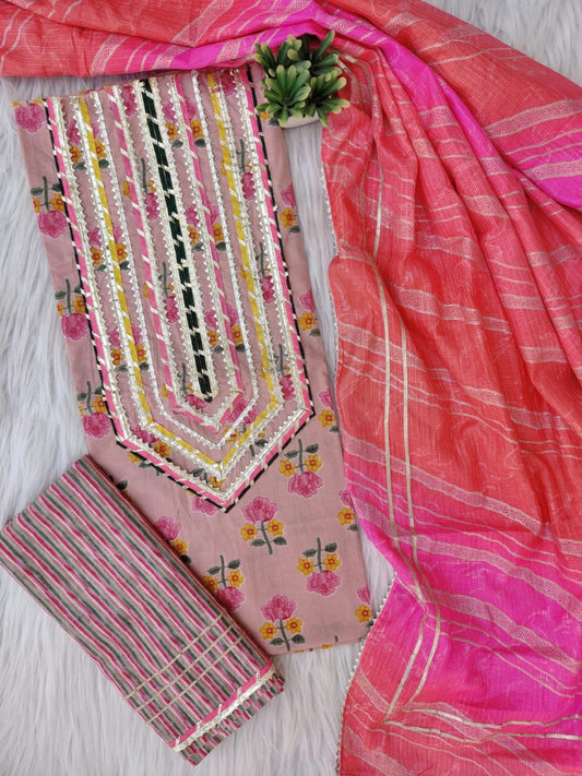 Pure Cotton Gota Patti Work Unstitched Suit With Kota Doria Dupatta