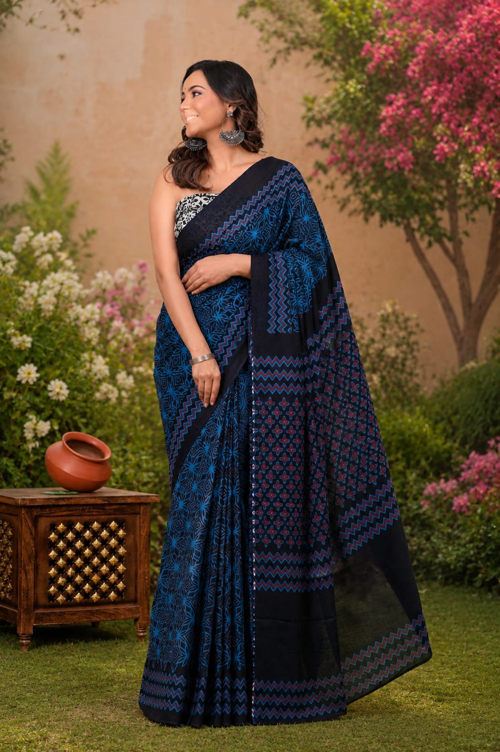 Pure Cotton Hand Block Printed Saree With Blouse.