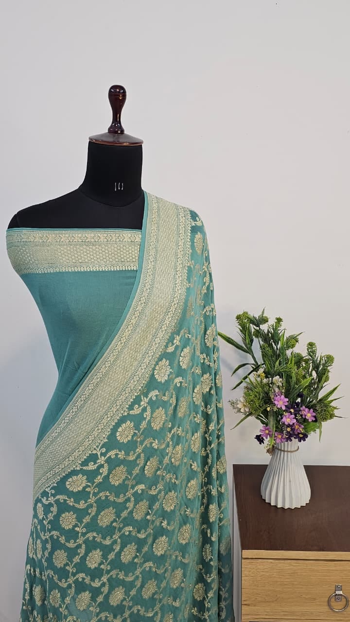 Pure Handloom Khaddi Georgette Saree Zari Work.