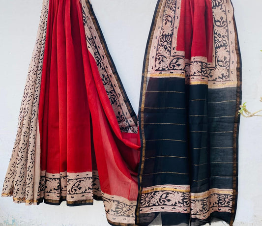 Pure Chanderi Silk Hand-block Printed Saree.