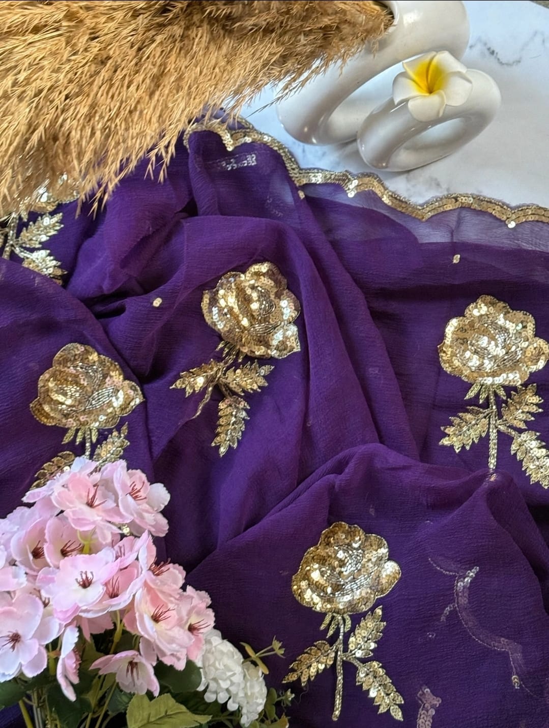 Pure Diamond Chiffon Hand Work Saree.
