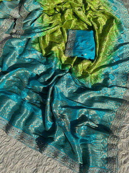 Banarasi Bandhej Silk Zari Work Saree With Blouse.