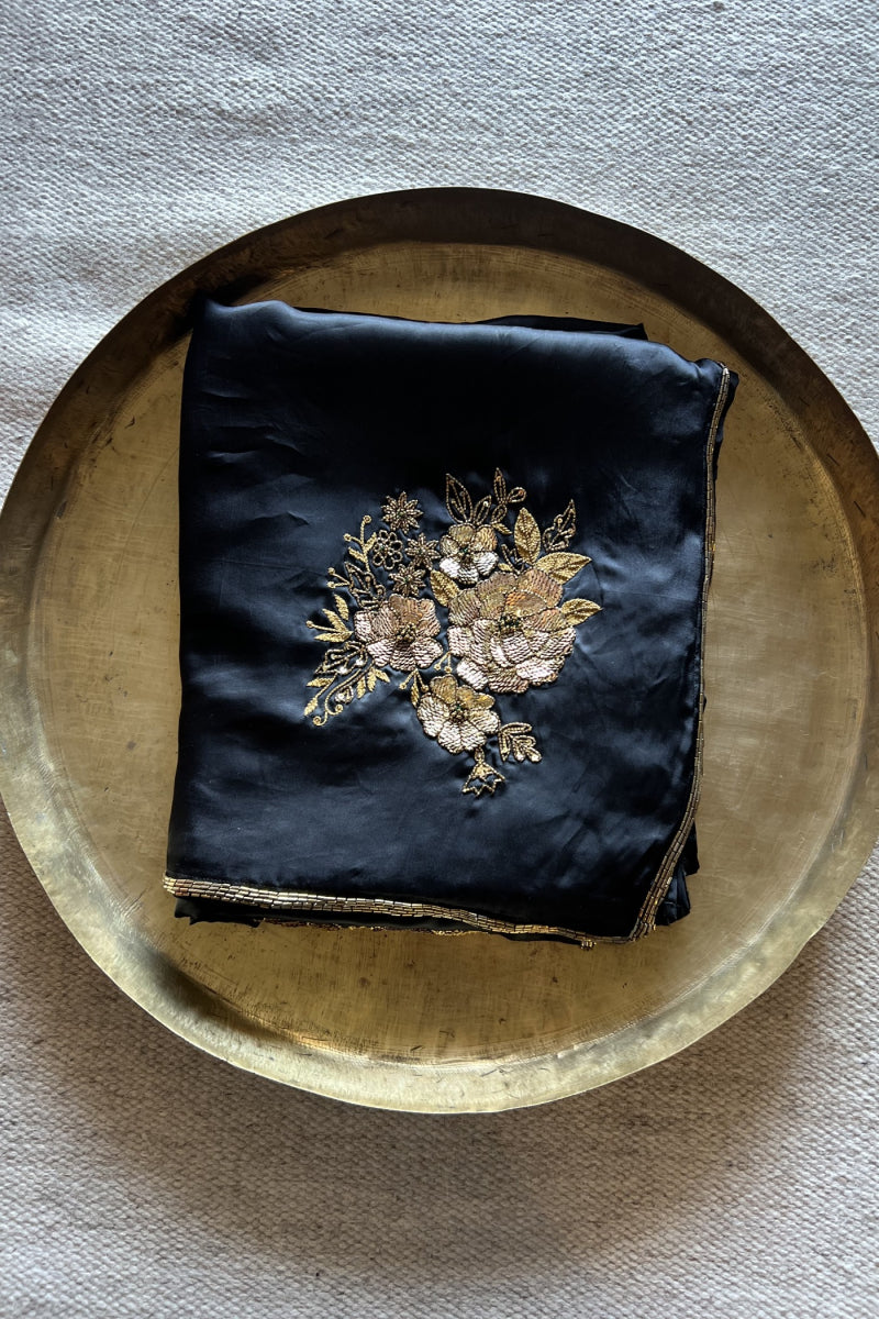 Black Color Pure Diamond Chiffon Catdana Hand Work Saree.