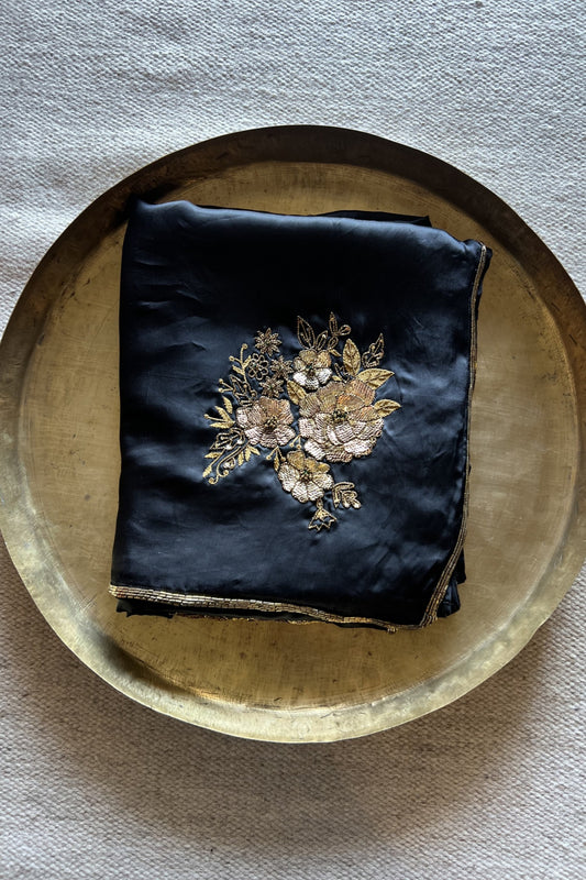 Black Color Pure Diamond Chiffon Catdana Hand Work Saree.