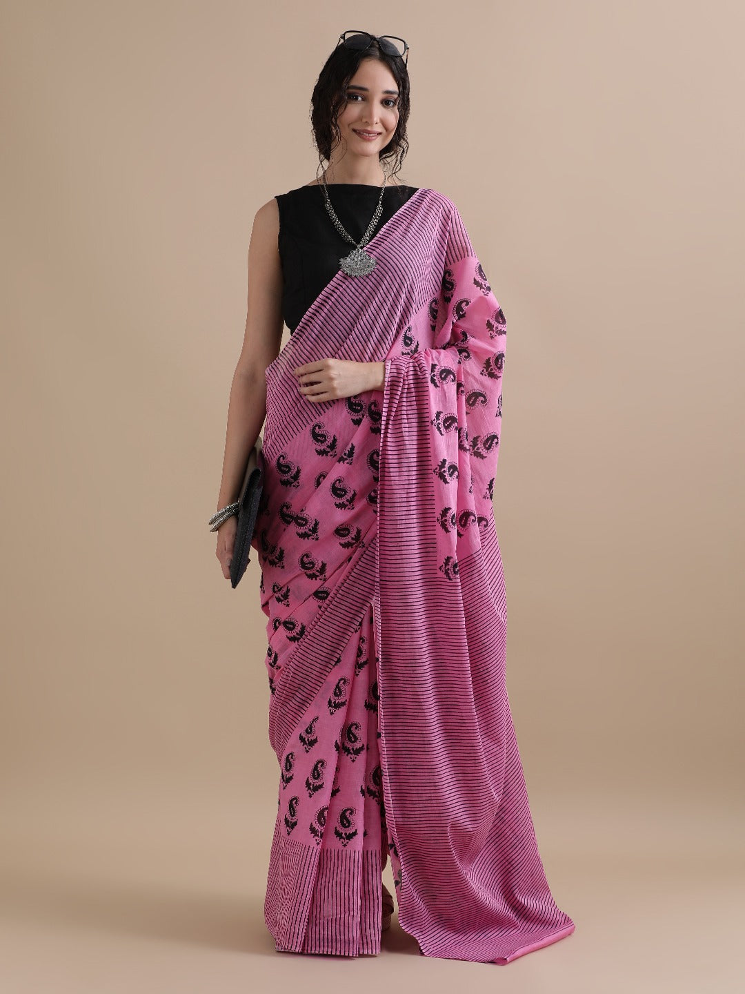 Pure Mulmul Cotton Hand Block Printed Saree With Running Blouse.