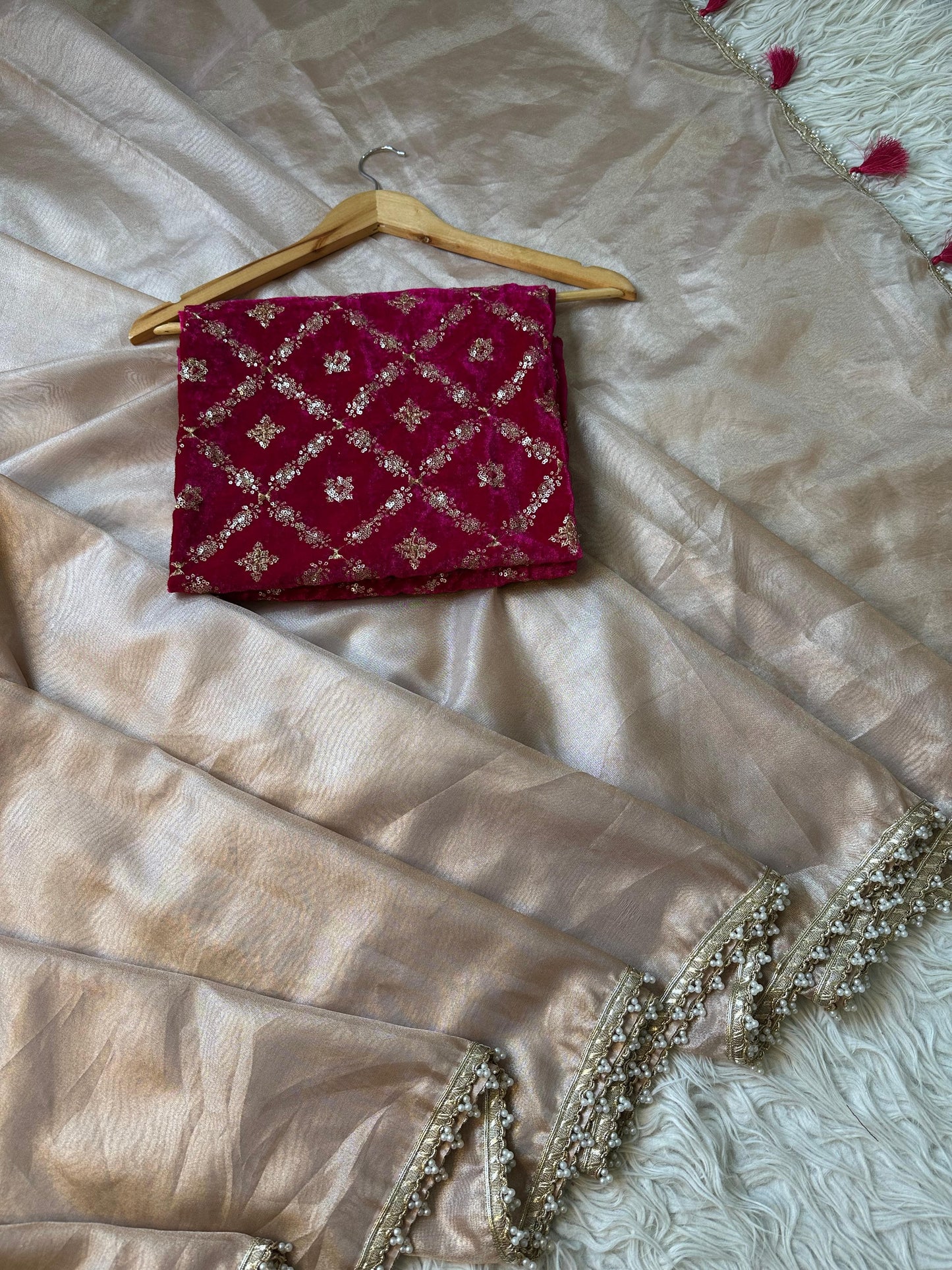 Banarasi  Tissue Silk Saree With Moti Work Lace