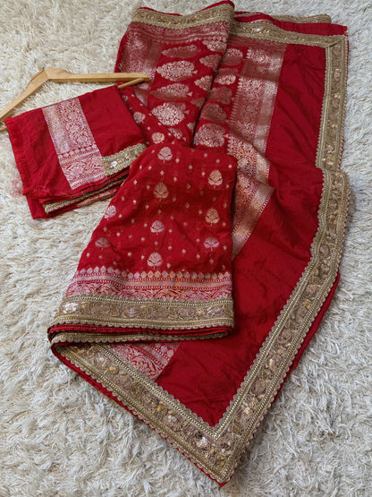 Handloom Banarasi Khaddi Katan Soft Silk Saree With Pearls lace Work Border