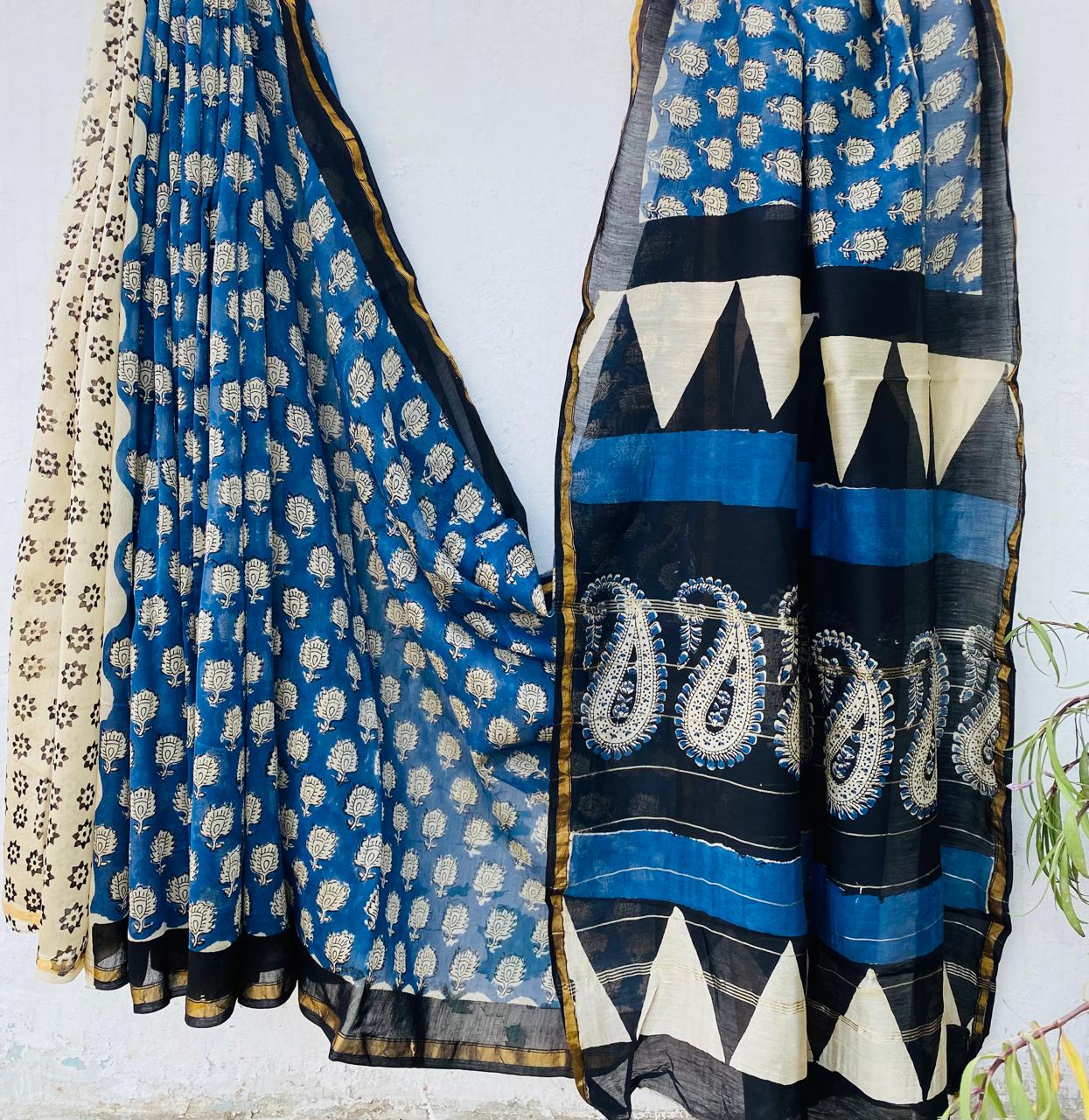 Pure Hand-block Chanderi Silk Saree.