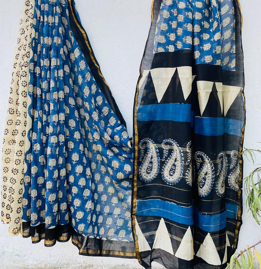Pure Hand-block Chanderi Silk Saree.