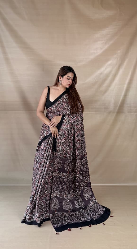 Pure Modal Silk Ajrakh Hand-block Printed Saree