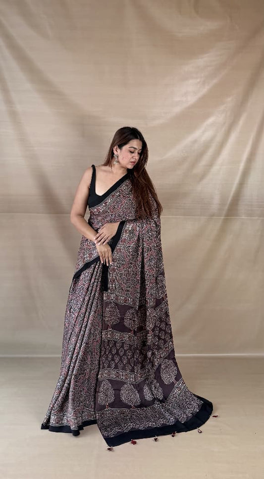 Pure Modal Silk Ajrakh Hand-block Printed Saree