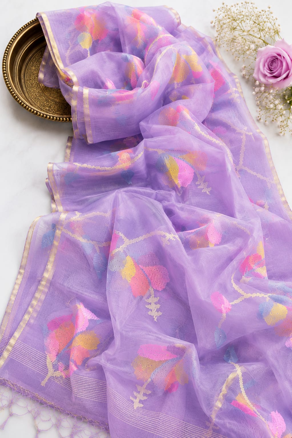 Pure Maslin Jamdani Saree with Blouse.