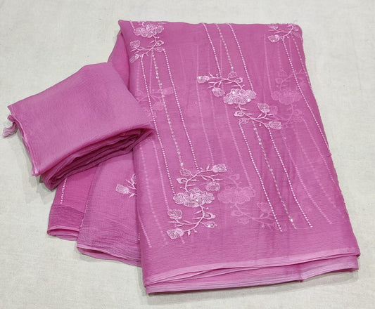 Beautiful Pure Diamond chiffon Embroidery Sikvans Work Full jaal Saree