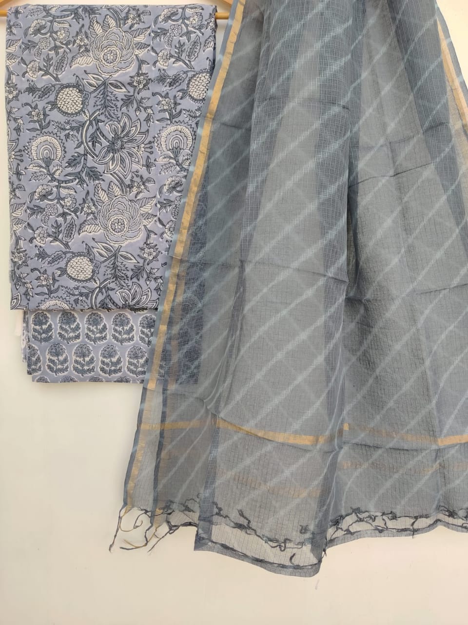 Pure Cotton Hand Block Printed Unstitched Suits with Kota doriya Dupatta.