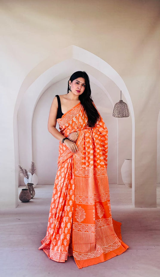 Pure Mulmul Cotton Hand Block Printed Saree With Running Blouse.