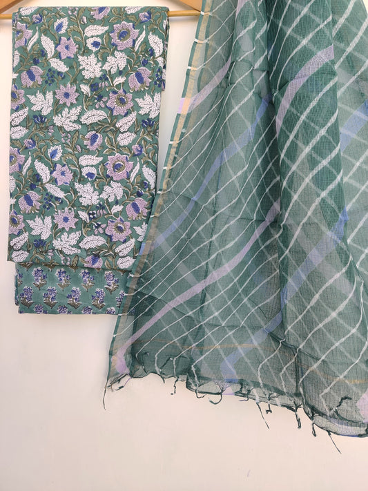 Pure Cotton Hand Block Printed Unstitched Suits with Kota doriya Dupatta.