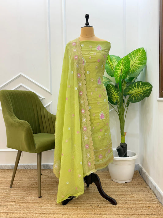 Banarasi Chanderi Embroidery Cutwork Unstitched Suit with Cutwork Border Dupatta.