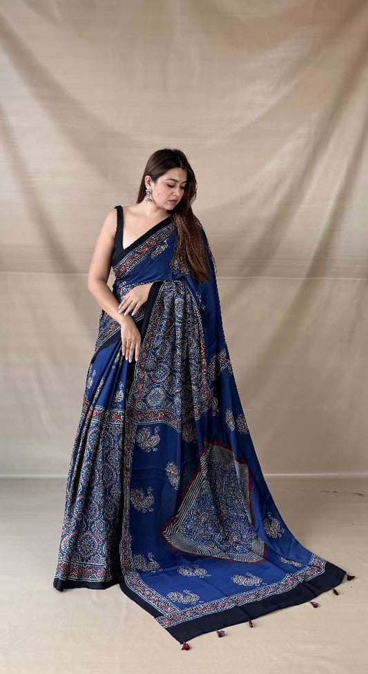 Pure Modal Silk Ajrakh Hand-block Printed Saree.