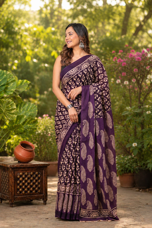 Pure Cotton Hand Block Printed Saree With Blouse.