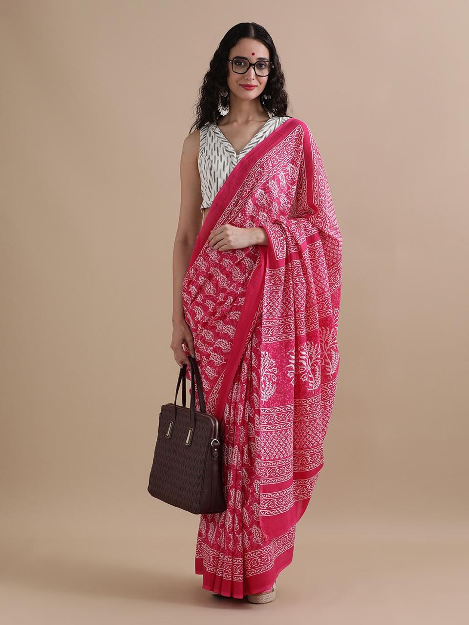 Pure Mulmul Cotton Hand Block Printed Saree With Running Blouse.