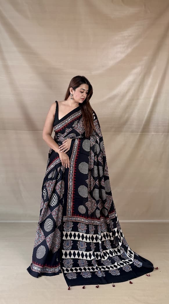 Pure Modal Silk Ajrakh Hand-block Printed Saree.