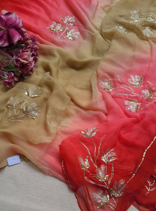 Pure Diamond Chiffon Hand Work Saree.