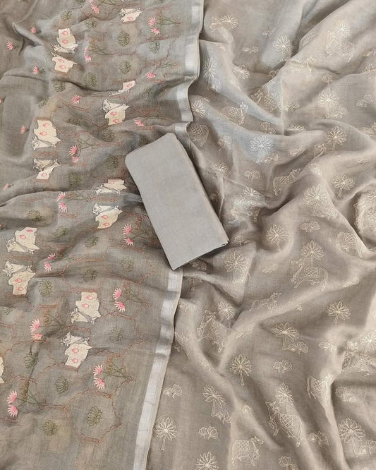 BHAGALPURI COTTON LINEN EMBROIDERY UNSTITCHED SUIT.