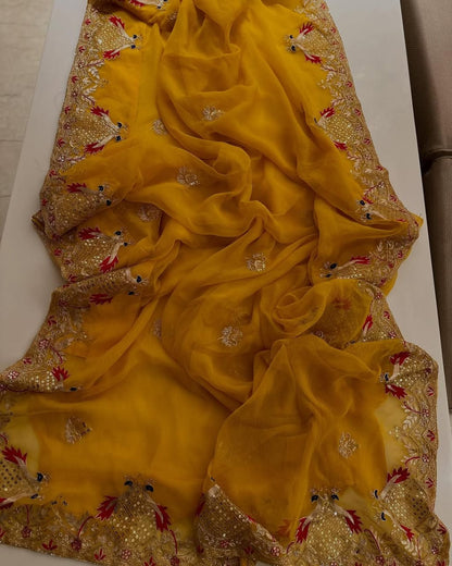 PURE DIAMOND CHIFFON  HANDCRAFTED ZARI AND GOTA WORA SAREE