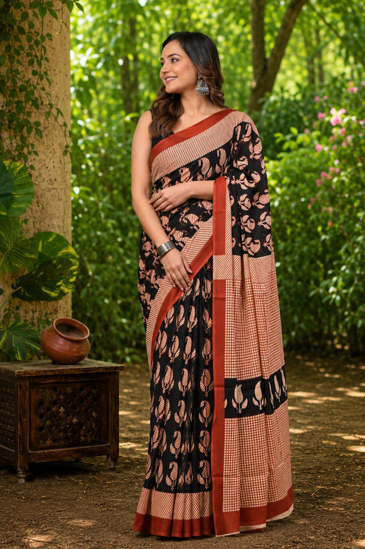 Pure Cotton Hand Block Printed Saree With Blouse.