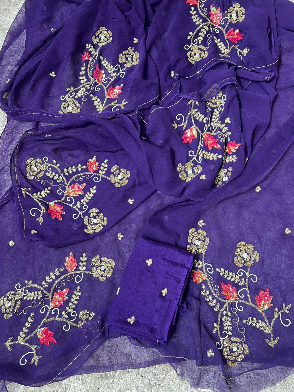 BEAUTIFUL HANDCRAFTED ZARI AND GOTA EMBROIDERY WORK DIAMOND CHIFFON SAREE (Copy)