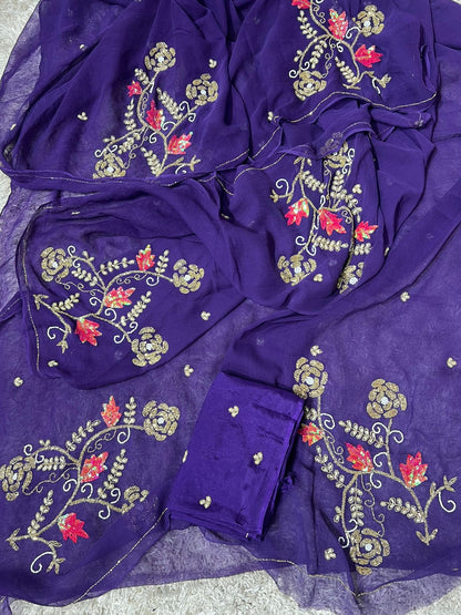 BEAUTIFUL HANDCRAFTED ZARI AND GOTA EMBROIDERY WORK DIAMOND CHIFFON SAREE (Copy)