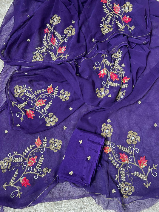 BEAUTIFUL HANDCRAFTED ZARI AND GOTA EMBROIDERY WORK DIAMOND CHIFFON SAREE (Copy)