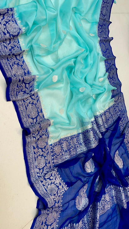 Pure Handloom Khaddi Chiffon Georgette Saree With Silver Zari Weaving Blouse  ( length- 6.3 meter )