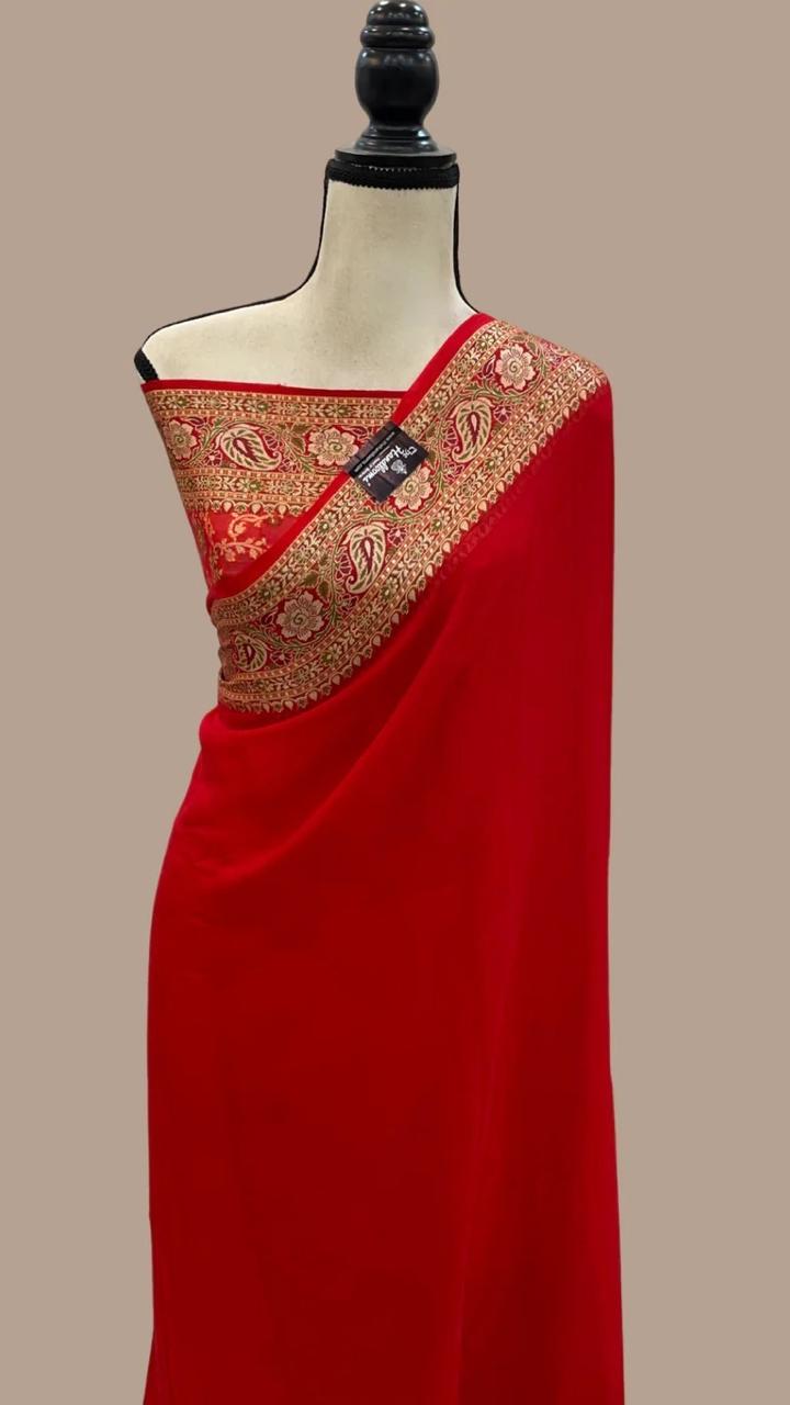 Pure Handloom Khaddi Chiffon Georgette Saree With Zari Weaving Blouse