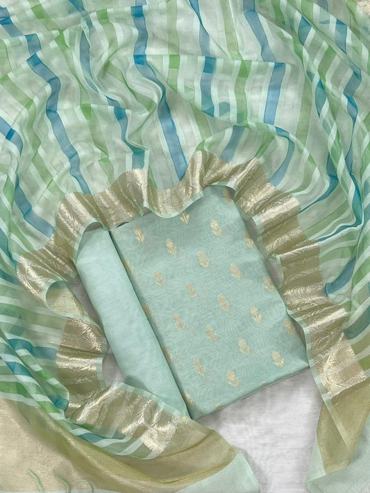 Banarasi Chanderi Zari Booti Work Unstitched Suit With Organza Stripe Dupatta