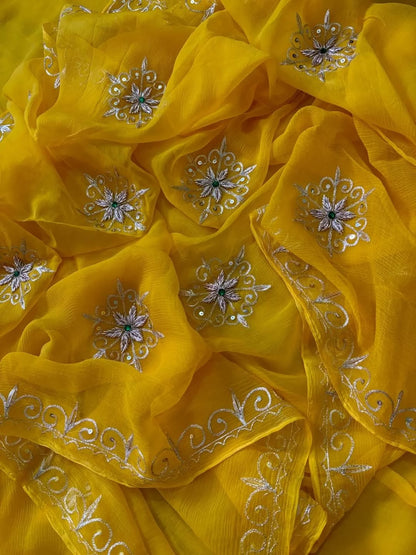 PURE DIAMOND CHIFFON  HANDCRAFTED ZARI AND GOTA WORA SAREE .