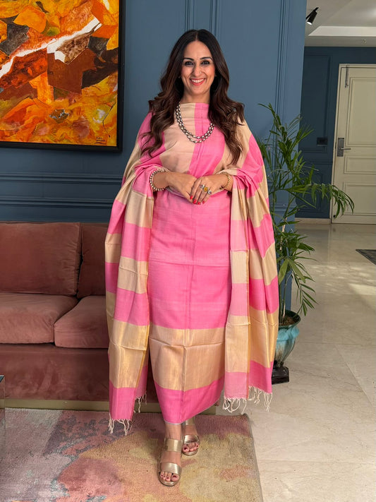 Pure Maheswari Silk Cotton Handwoven Unstitch Suit.