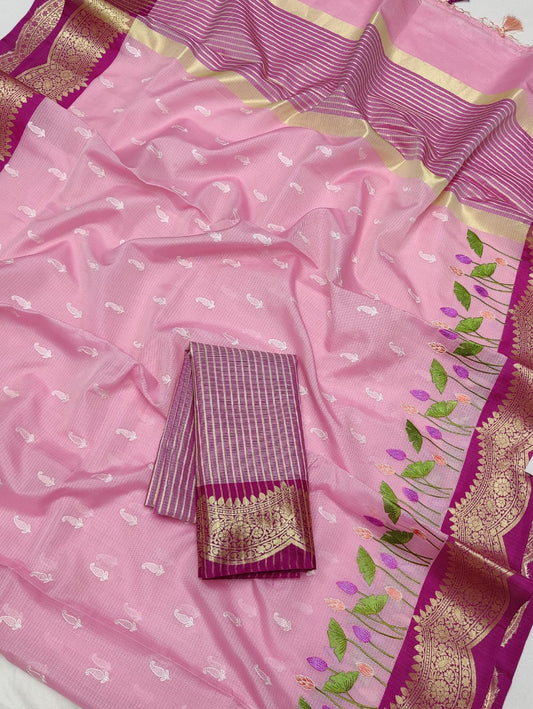 Beautiful Soft Silk Kota Doria Zari & Embroidery  Work Saree