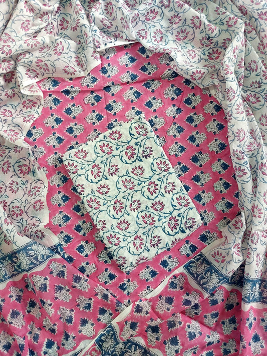 Traditional Hand block Printed Pure Cotton suits with Mulmul Dupatta.