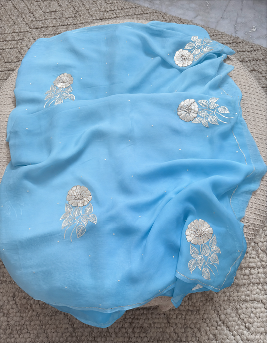 Sky Blue Pure Diamond Chiffon Saree