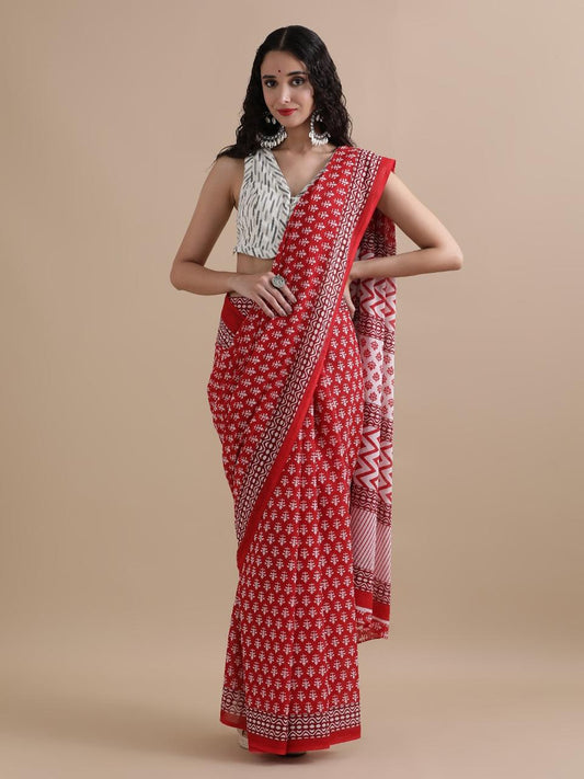 Pure Mulmul Cotton Hand Block Printed Saree With Running Blouse.