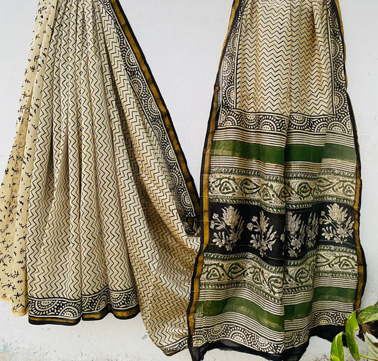 Pure Chanderi Silk Hand-block Printed Saree.