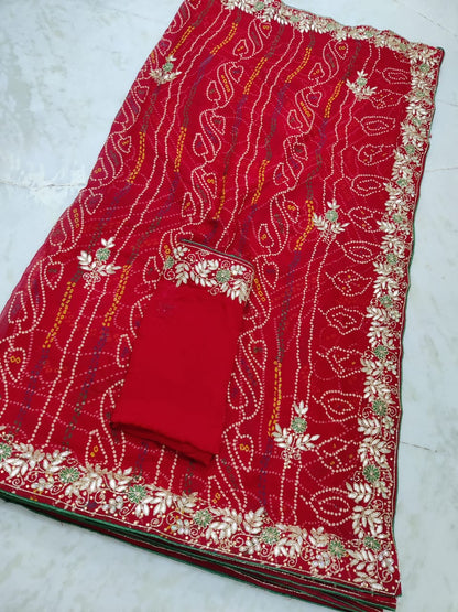 Pure Georgette Bandhej Gota Patti Work Saree