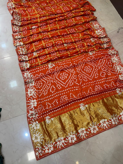 Pure Modal Gajji Silk Bandhej Hand work Gota Patti Work Saree.