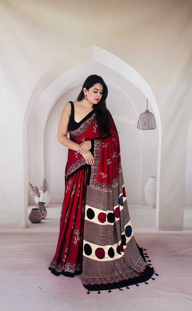 Pure Modal Silk Ajrakh Hand-block Printed Saree.