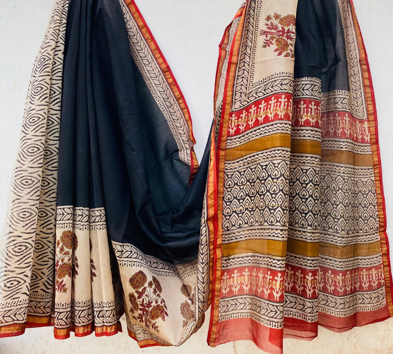 Pure Chanderi Silk Hand-block Printed Saree.