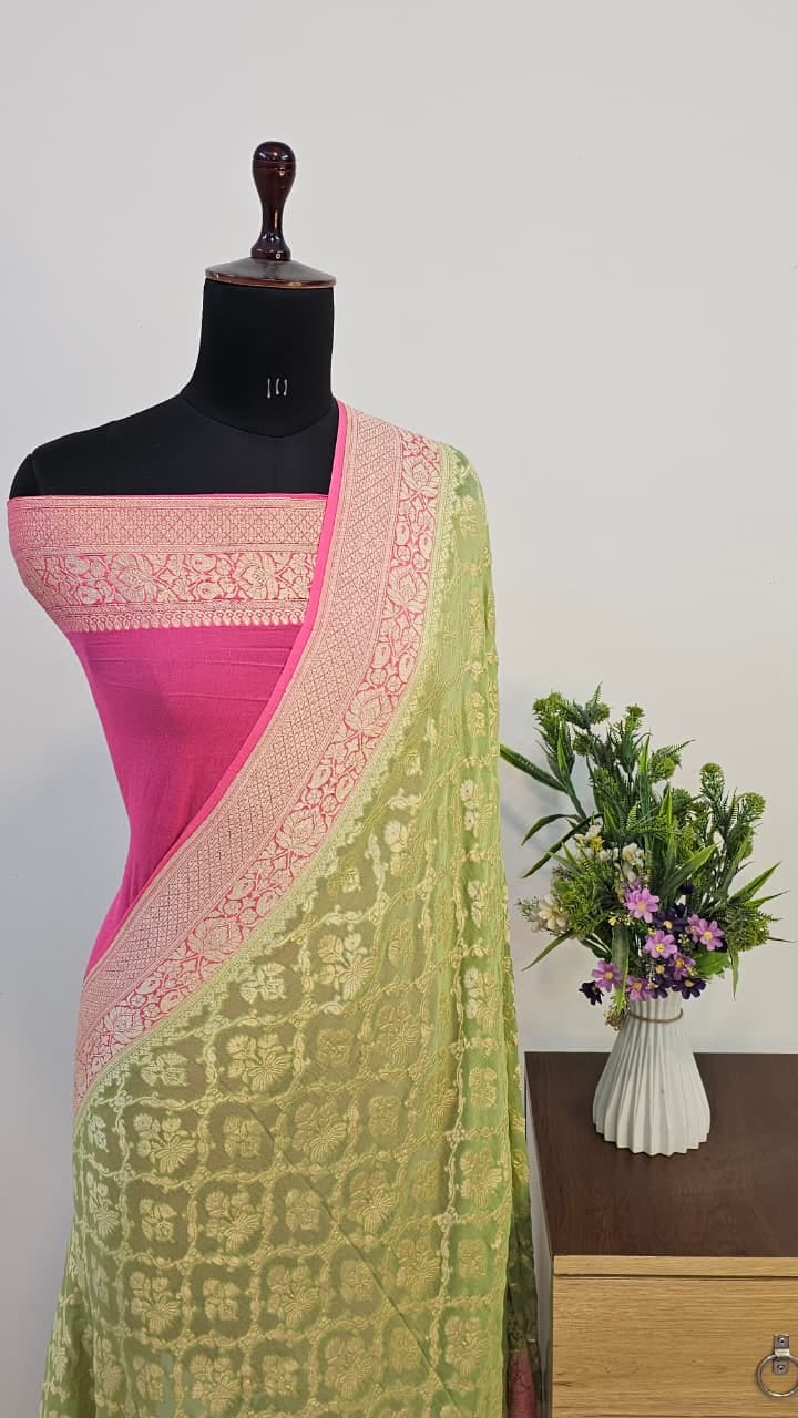 Pure Handloom Khaddi Georgette Saree Zari Work.